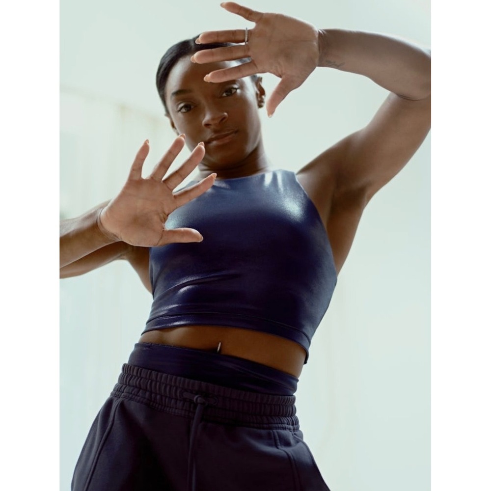 Athleta x Simone Biles Elation Shine Crop Tank Navy Blue Metallic Racerback M